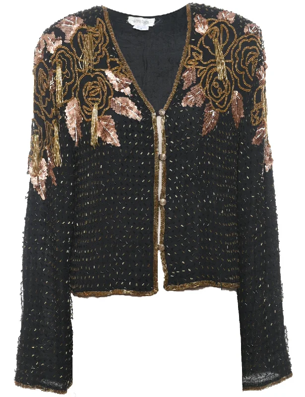 Silk Beaded 1980s Black & Gold Evening Jacket - M Chenille Jacket Brocade Jacket Lace Jacket