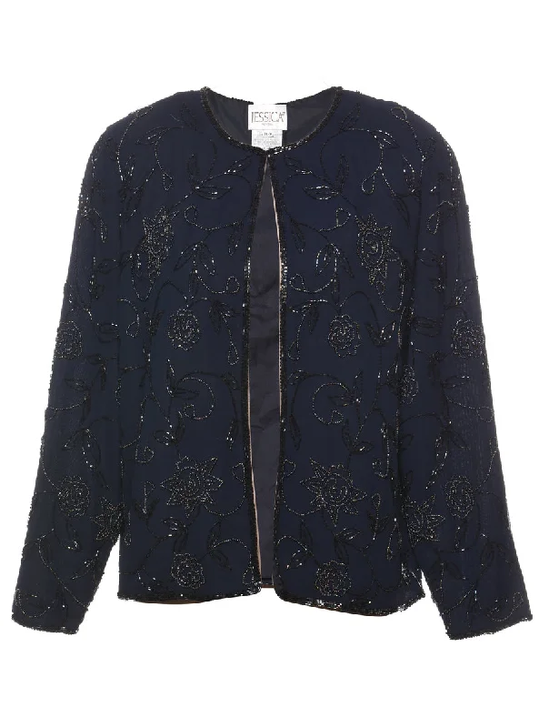 Beaded Navy Evening Jacket - M Denim Fabric Leather Fabric Suede Fabric