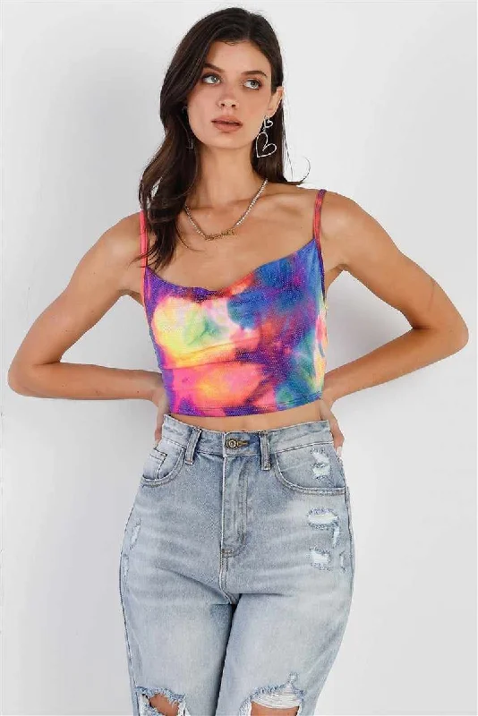 Multi Color Neon Tie-dye Sleeveless Crop Top Iron Safe Non-Iron Wrinkle Free