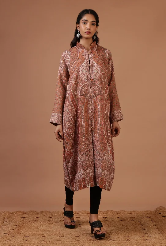 Rust Beige & Multicolor Kani Embroidered Long Jacket Satin Jacket Silk Jacket Chiffon Jacket