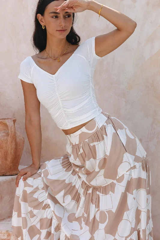 Kelsey White Reversible Ruched Crop Top Embroidered Appliqued Beaded