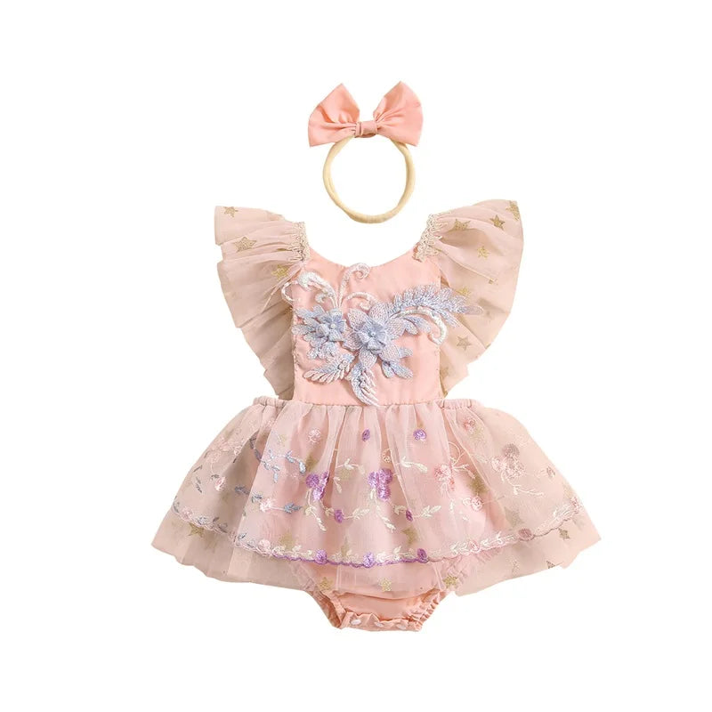 Pudcoco Newborn Baby Girl Lace Romper Floral Embroidery Dress Tutu Skirt Bodysuit Suspender Overall Tulle Ruffle Hem Dress 0-18M Fashionable Square Neck Bodysuit