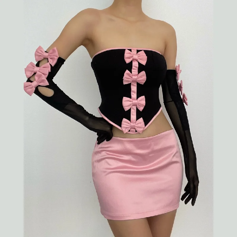 Mesh contrast bowknot gloves lace up tube backless mini skirt set - Final Sale patchwork skirt art