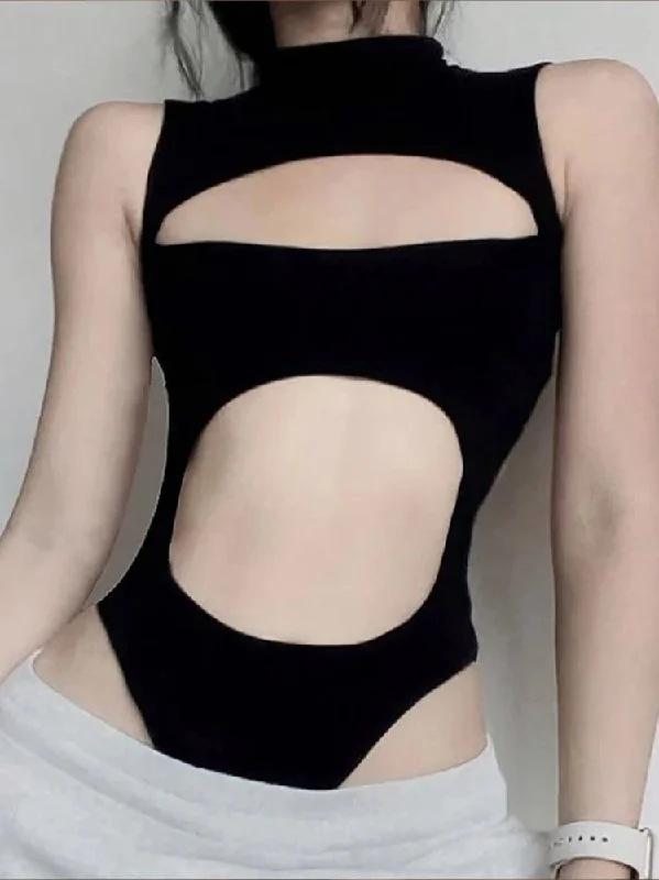 Cut Out Techwear Black Bodysuit Comfortable Sports Bodysuit
