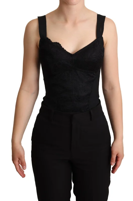 Dolce & Gabbana Elegant Black Lace Bodysuit Corset Dress Stylish Off-Shoulder Long Sleeve Bodysuit