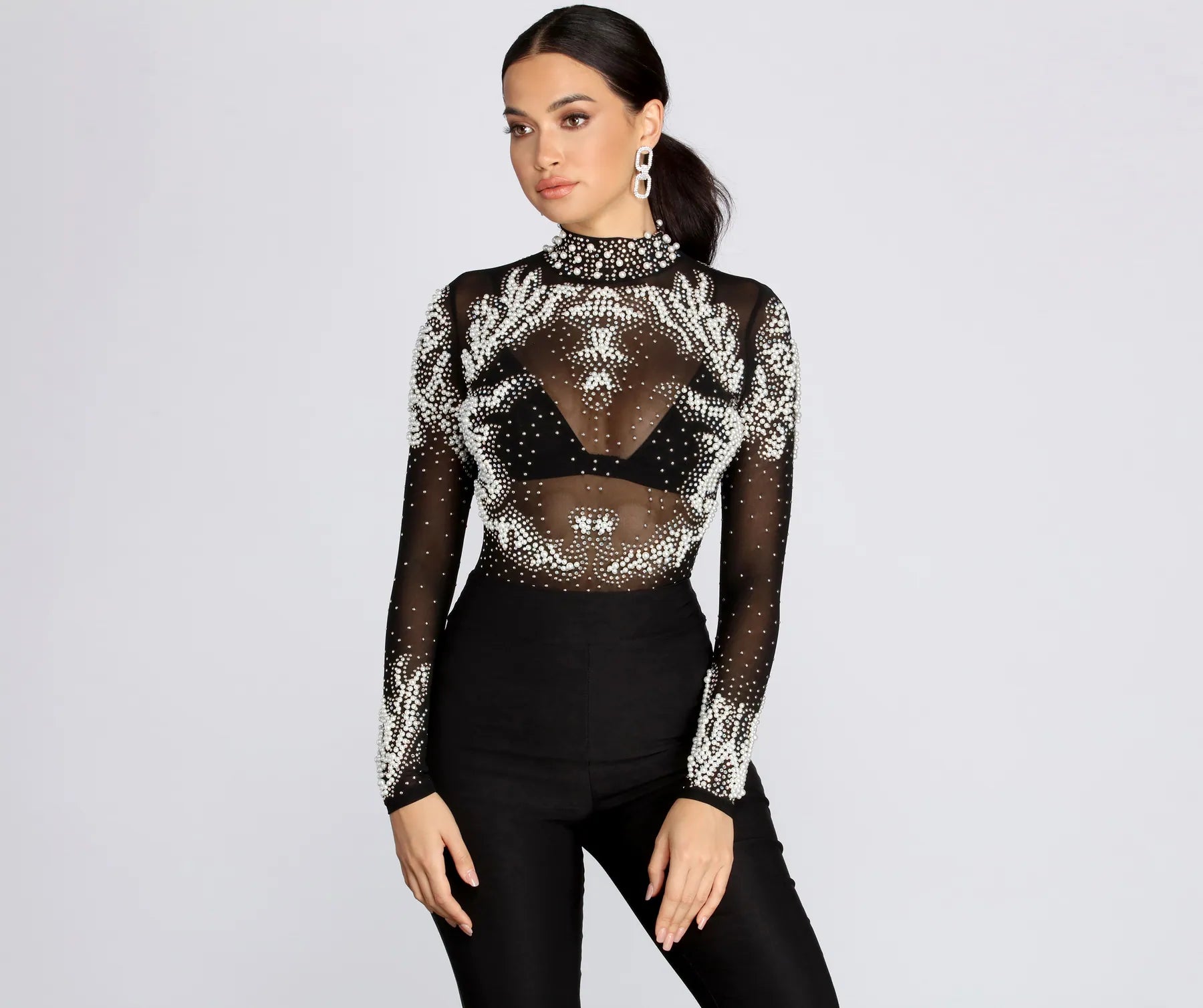New Flame Hand-Beaded Mesh Bodysuit Trendy Scoop Back Bodysuit