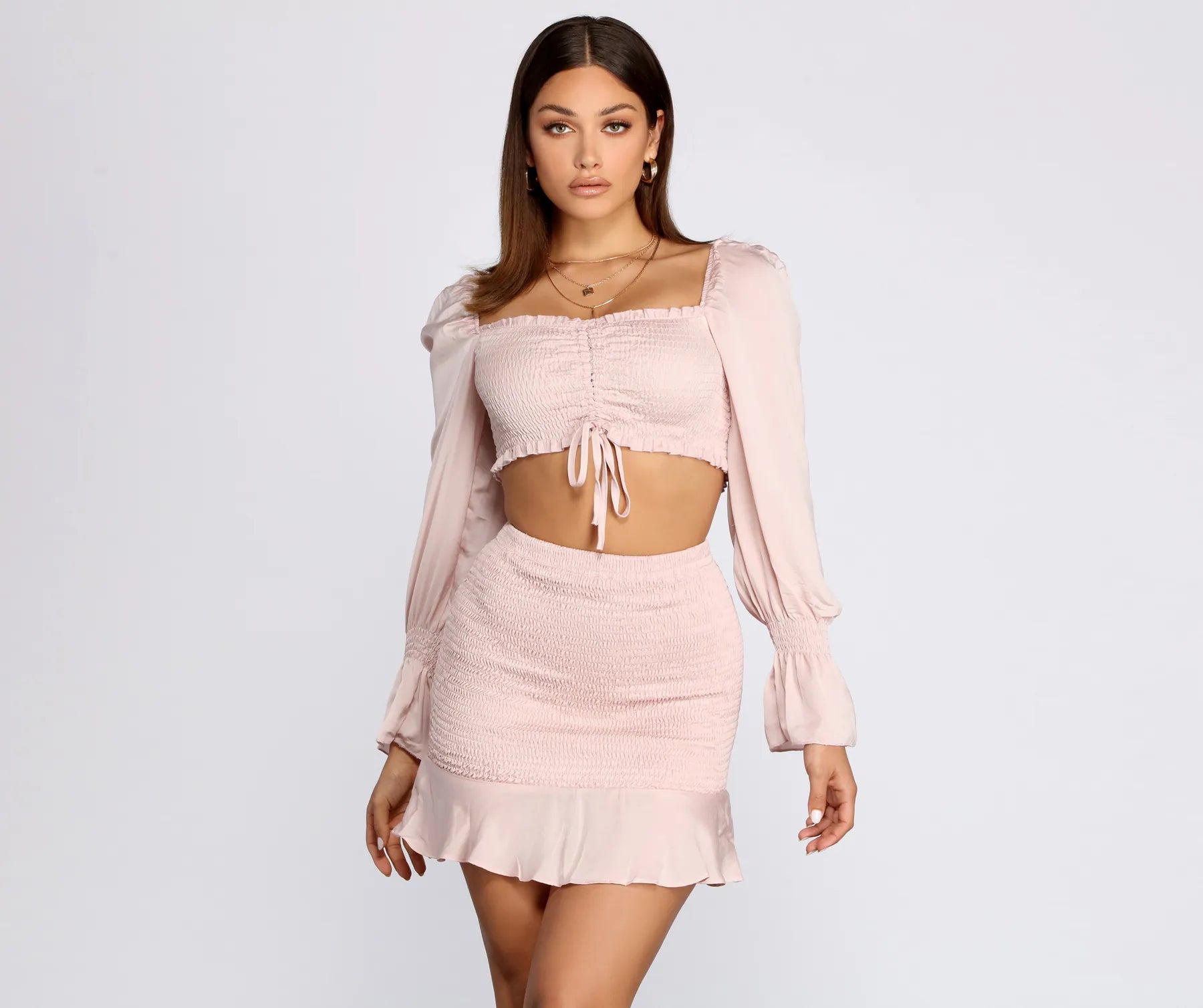 Met Your Match Smocked Crop Top Mesh Blend Leather Blend Suede Blend