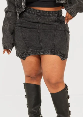 Plus Washed Black Seam Detail Denim Asymmetric Mini Skirt leather skirt refined