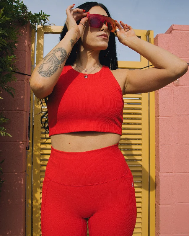 Women's Ribbed Crop Top - Red Seamless Knitted Crochet