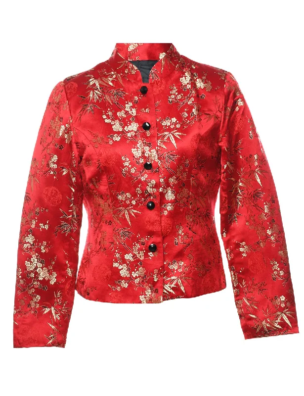 Jacquard Red Floral Metallic Evening Jacket - M Trench Coat Raincoat Waterproof Jacket