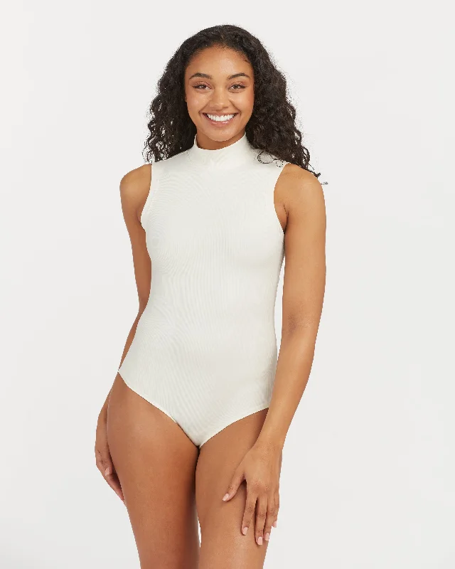 Suit Yourself Ribbed Mock Neck Bodysuit Parchment - SPANX Fashionable Bodysuit with Button Detail