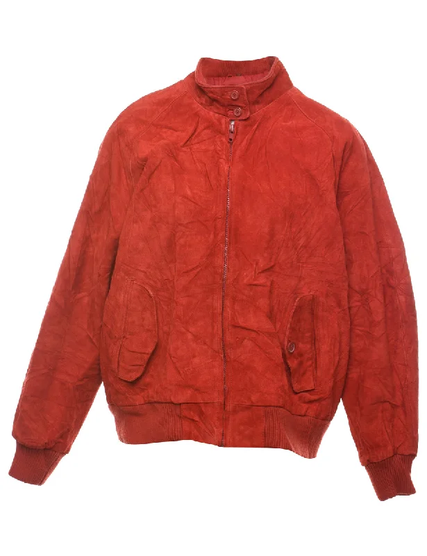 Red Classic Zip-Front Suede Jacket - L Hooded Jacket Caped Jacket Shawl Collar Jacket