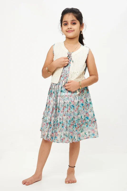 Designer Sleeveless Floral Cotton Frock with Contrast White Jacket Quilted Jacket Puffer Jacket Insulated Jacket