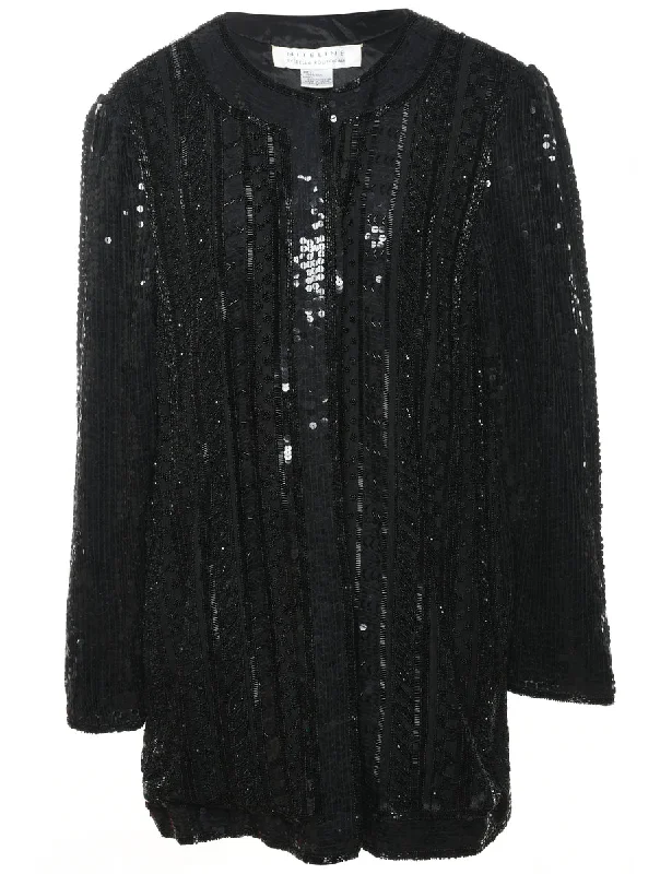 Black Embroidered Silk Evening Jacket - S Fleece Jacket Down Jacket Parka