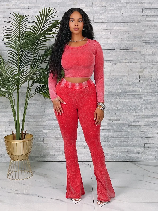 LF24555- WASHED CROP TOP & FLARE PANTS SET Welt Pockets Slit Pockets Flap Pockets