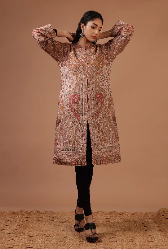 Beige & Multicolor Kani Embroidered Long Jacket Rayon Jacket Velvet Jacket Corduroy Jacket