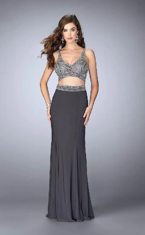 La Femme Gigi - 23904 Beaded Crop Top and Jersey Skirt Long Dress Zippered Buttoned Snapped