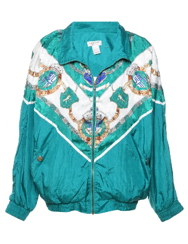 Turquoise & Gold Patterned Nylon Jacket - L Notch Collar Jacket Peter Pan Collar Jacket Cowl Neck Jacket
