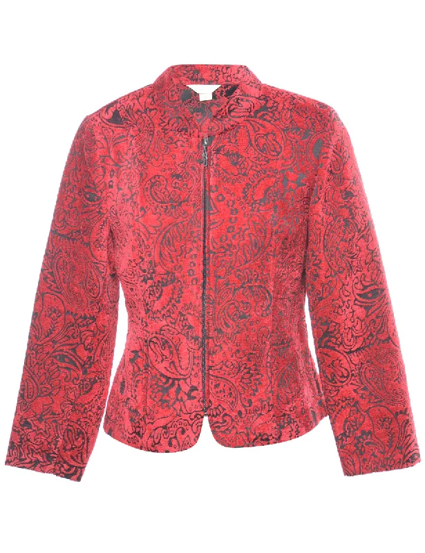 Paisley Pattern Red Tapestry Jacket - S Welt Pockets Slit Pockets Flap Pockets