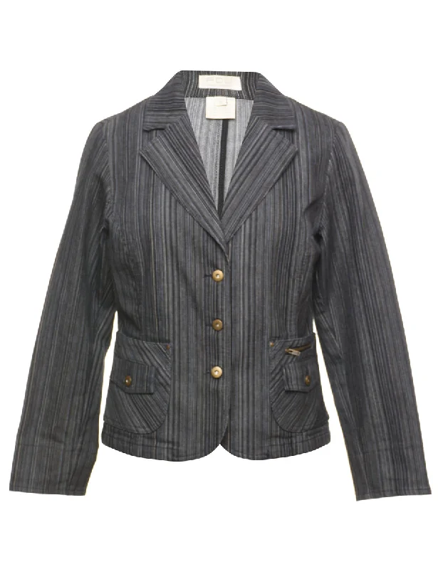 Striped Denim Jacket - M Stand-Up Collar Roll-Neck Collar Turtle Neck