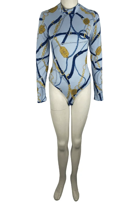 Iris women's blue graphic bodysuit size M Stylish Bodysuit with Lace Detail
