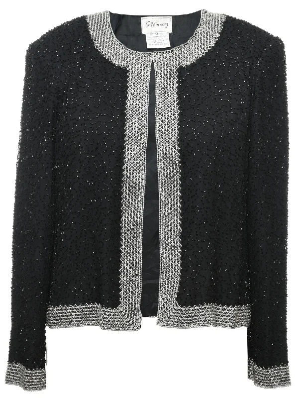 Black & Silver Beaded Silk Evening Jacket - M Quilted Jacket Puffer Jacket Insulated Jacket
