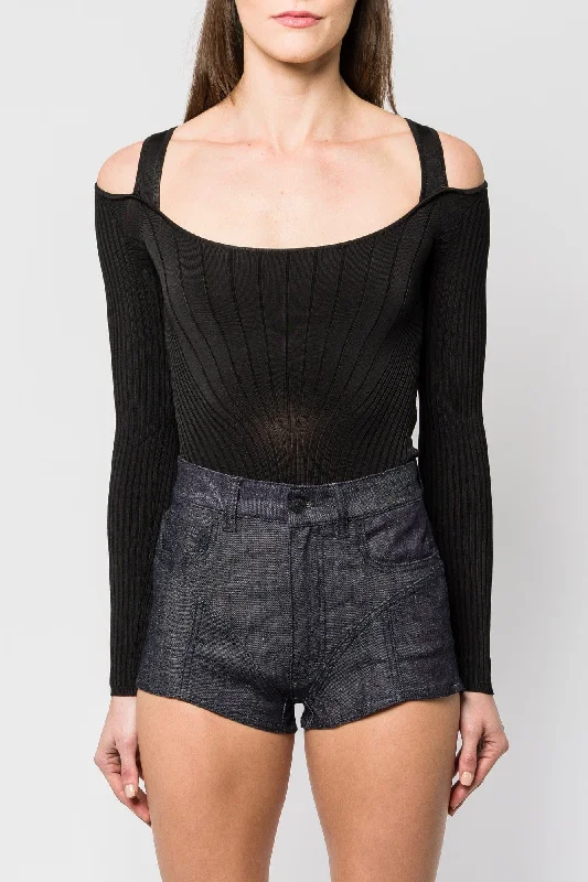 Mugler Engineered Rib Longsleeve Bodysuit SS25 Comfortable Bodysuit with Long Sleeves