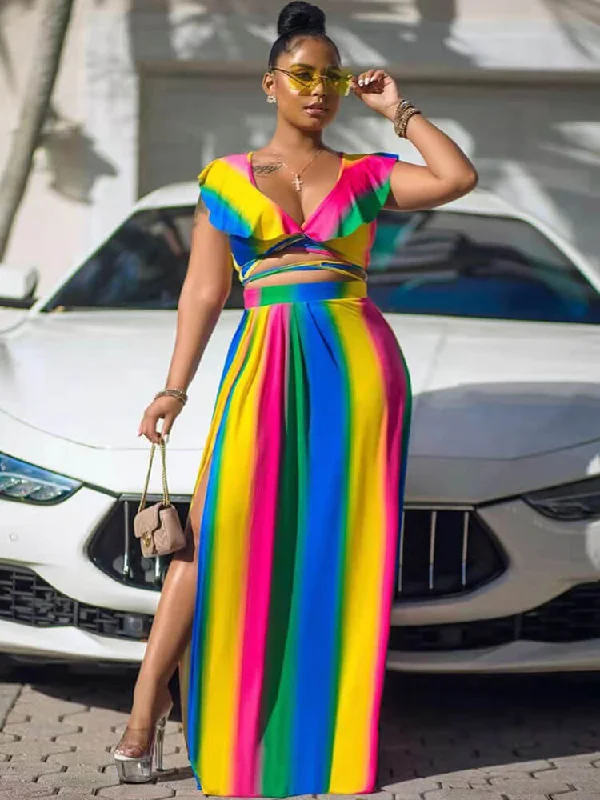Two Piece Tie Dye Striped Crop Top & Split Skirts Chenille Brocade Lace