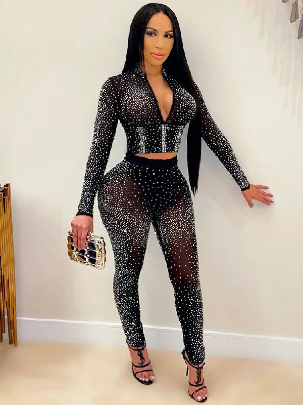 Long Sleeve V Neck Crop Top & High Waist Pants Sets Front Pockets Side Pockets Patch Pockets
