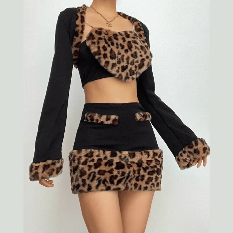 Long sleeve leopard print fluffy shrug sweetheart neck 2 piece mini skirt set lace skirt intricate