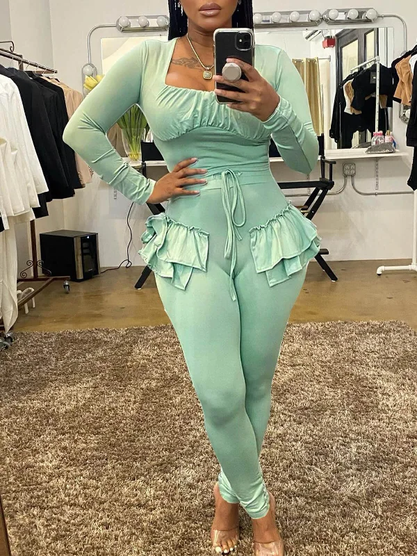 Two Piece Tracksuit Crop Top Ruffle Pant Sets Collared Crop Top Boat Neck A-Line