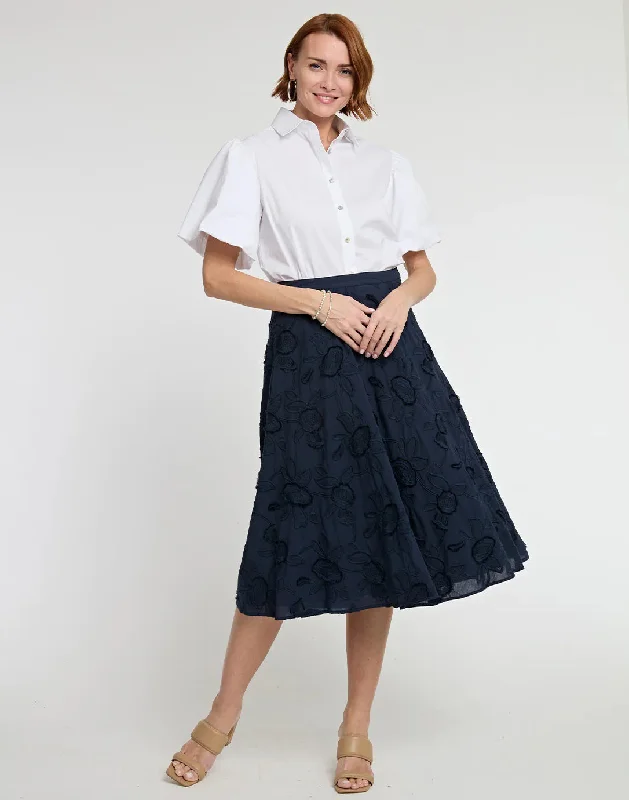 HINSON WU - GLORIA NAVY FLORAL APPLIQUE SKIRT cashmere skirt fine