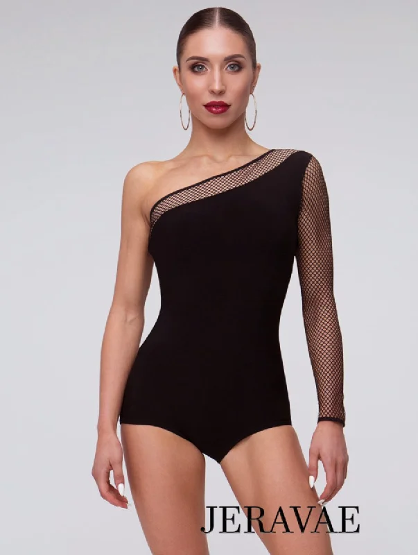 Ladies Black Bodysuit with one Fishnet Sleeve and Angled Neckline Detail Available in multiple Sizes PRA 305 Trendy Scoop Neck Bodysuit