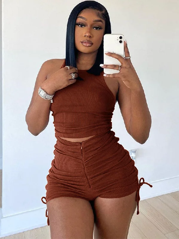 Halter Crop Top & Ruched Drawstring Shorts Ribbed Striped Patterned