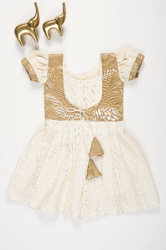 Pew Cotton Cream Frock with Gold Tissue Jacket and UShaped Neckline for Girls Hoodie Zip-Up Jacket Button-Up Jacket