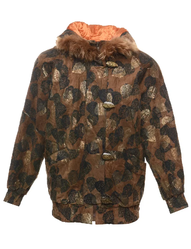 Gregg Bell Brown & Gold Leafy Design Metallic Real Fox Fur Trim Jacket - S Notch Collar Jacket Peter Pan Collar Jacket Cowl Neck Jacket