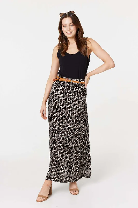 Printed A-Line Belt Maxi Skirt silk skirt sleek