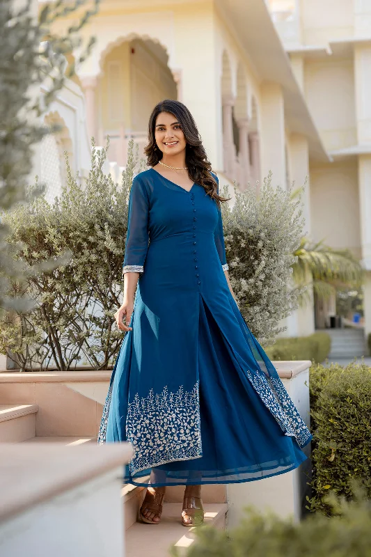Women's Teal Embroidered Flared Dress with Jacket - Taantav Chenille Fabric Brocade Fabric Lace Fabric