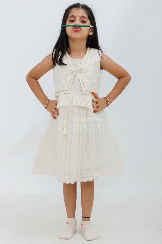 Cream HandWoven Cotton Frock with Embroidered Jacket Cardigan Sweater Pullover