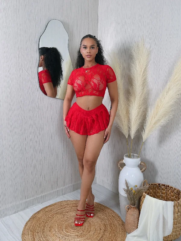 TT2236H+TS1324H - LACE CROP TOP & MINI SKORT SET Ribbed Crop Top High Neck Heavyweight