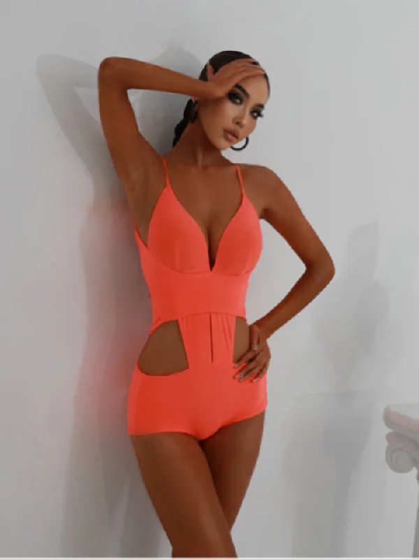 ZYM Dance Style Sexy Seal Bodysuit #2214 Neon Orange Bodysuit with Deep V-Neckline, Sleek Cutouts, and Open Back PRA 807 in Stock Chic Off-Shoulder Bodysuit