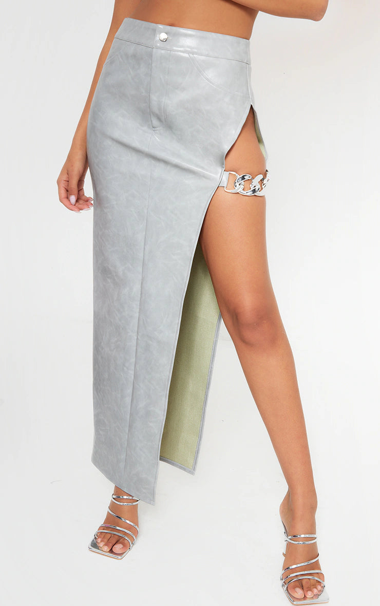 GREY WASHED FAUX LEATHER CHAIN DETAIL EXTREME SPLIT MIDAXI SKIRT leather skirt bold