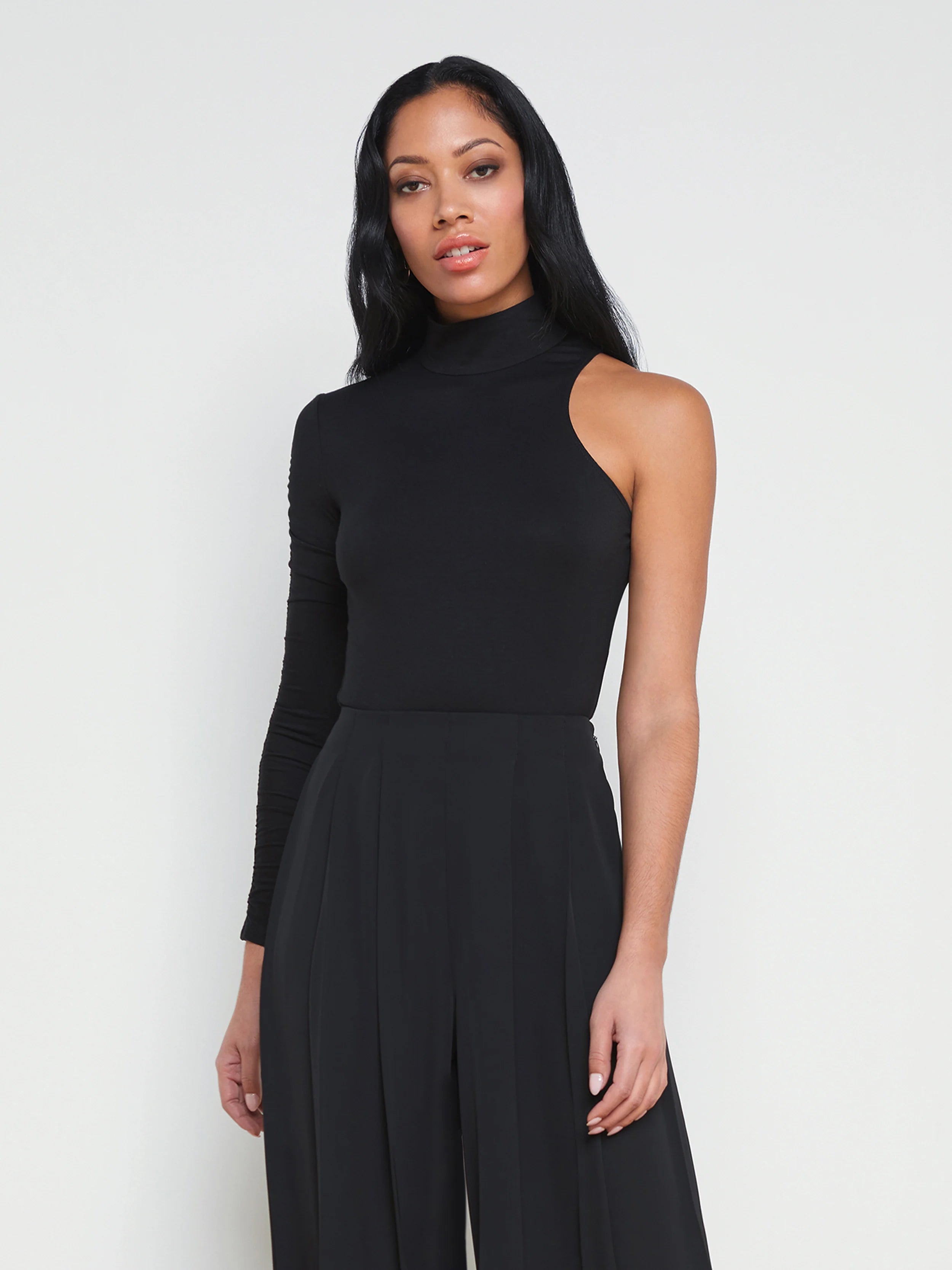 Lotti One-Sleeve Bodysuit Black - L'AGENCE Trendy Bodysuit with Halter Neckline