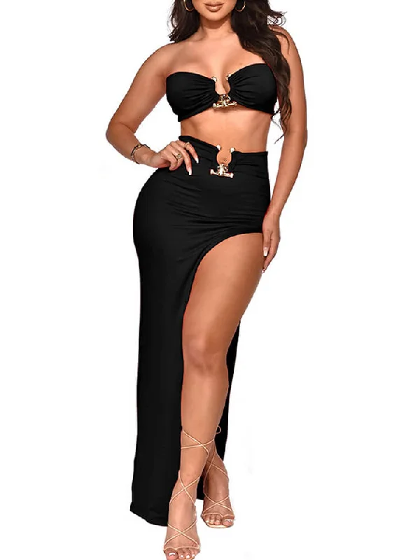 Two Piece Crop Top High Slit Midi Skirt Set Collared Crew Neck Turtle Neck