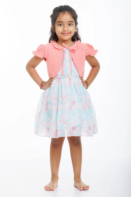 Coral Charm Girls Fancy Frock with Floral Sheer Jacket V-Neck Jacket Boat Neck Jacket Square Neck Jacket