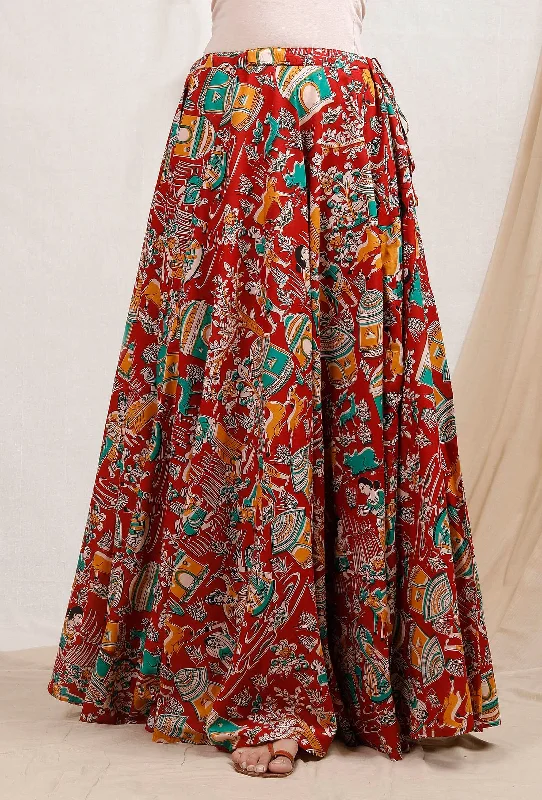 Red Kalamkari Cotton Skirt corduroy skirt cozy