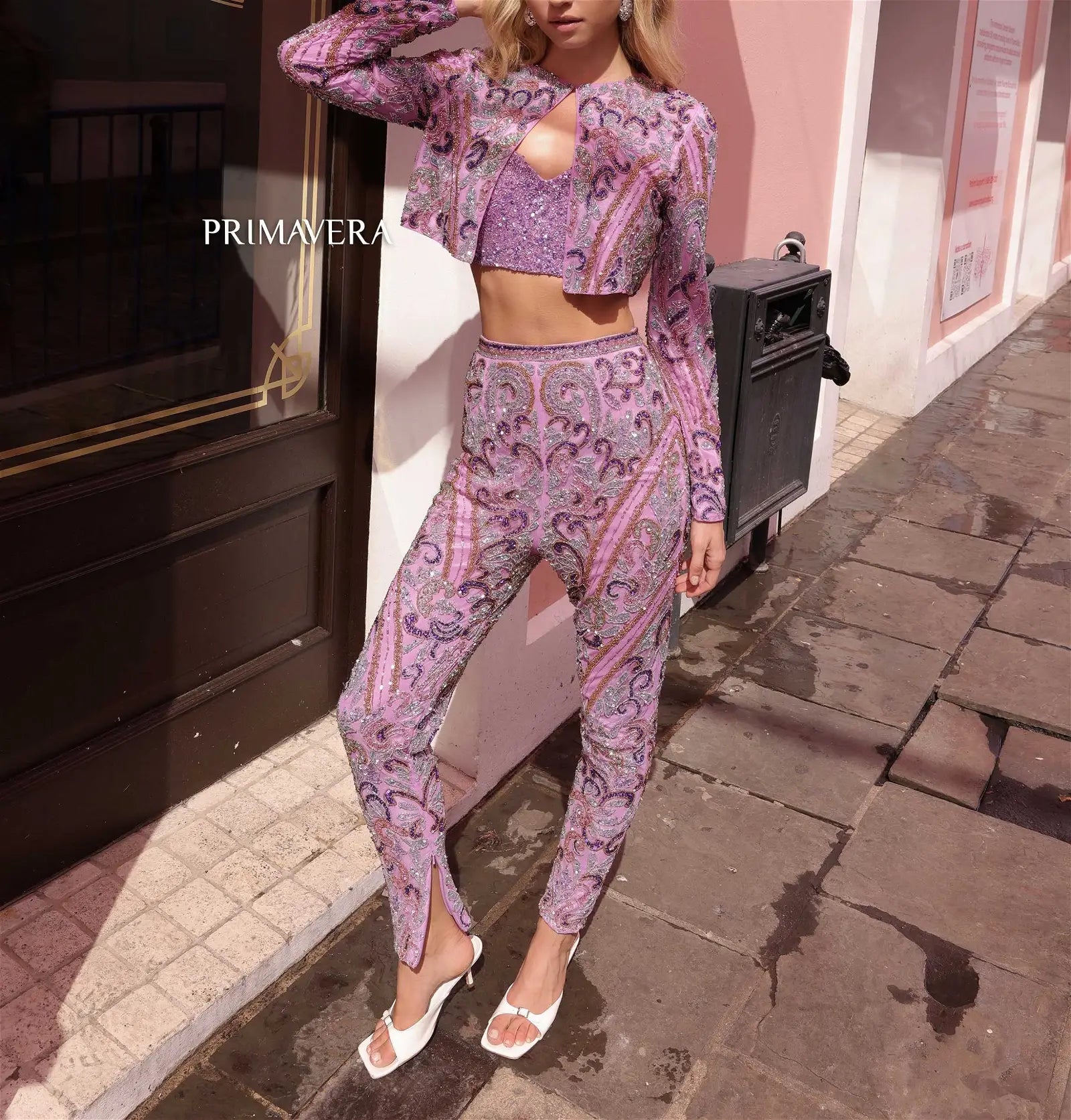 Primavera Couture 4174  Prom 3 Piece Set Sequin Beaded Tank Top Jacket Pant Suit Denim Jacket Leather Jacket Suede Jacket