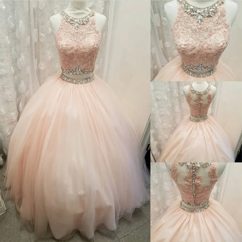 Elegant Lace Crop Top Pink Tulle Ball Gown Quinceanera Dresses Two Piece Beaded Sequined Faux Fur