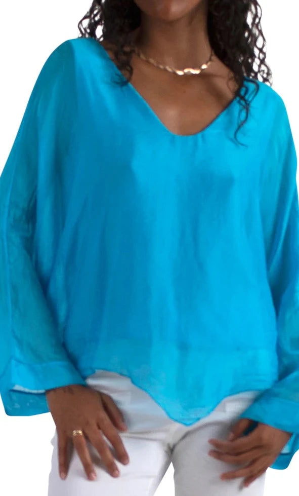 ISABETTA SILK CROP TOP in TURQUOISE Front Pockets Side Pockets Patch Pockets
