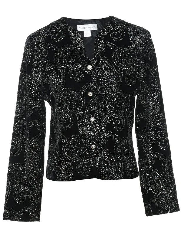 Black & Silver Velvet Sparkly Paisley Evening Jacket - M A-Line Jacket Boat Neck Shawl Collar